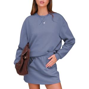 imageEXLURA Women 2 Piece Sets Cotton Tracksuits Workout Set Crewneck Sweatshirt Skort Short Skirt Fall Tennis Sweat Suits PocketsGrey Blue