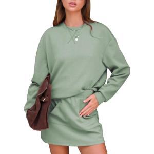 imageEXLURA Women 2 Piece Sets Cotton Tracksuits Workout Set Crewneck Sweatshirt Skort Short Skirt Fall Tennis Sweat Suits PocketsGrey Green