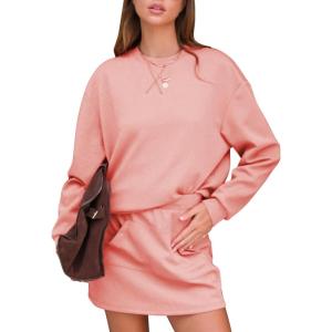 imageEXLURA Women 2 Piece Sets Cotton Tracksuits Workout Set Crewneck Sweatshirt Skort Short Skirt Fall Tennis Sweat Suits PocketsPink