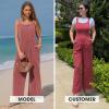 imageEXLURA Women Fall Overalls Denim Loose Fit Wide Leg Bib Jumpsuits Casual Adjustable Baggy Jeans Romper with Pockets 2025Date Red