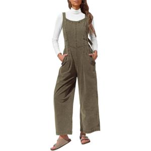 imageEXLURA Women Fall Overalls Denim Loose Fit Wide Leg Bib Jumpsuits Casual Adjustable Baggy Jeans Romper with Pockets 2025Army Green