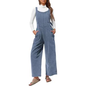imageEXLURA Women Fall Overalls Denim Loose Fit Wide Leg Bib Jumpsuits Casual Adjustable Baggy Jeans Romper with Pockets 2025Blue