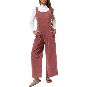 imageEXLURA Women Fall Overalls Denim Loose Fit Wide Leg Bib Jumpsuits Casual Adjustable Baggy Jeans Romper with Pockets 2025Date Red