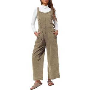 imageEXLURA Women Fall Overalls Denim Loose Fit Wide Leg Bib Jumpsuits Casual Adjustable Baggy Jeans Romper with Pockets 2025Khaki