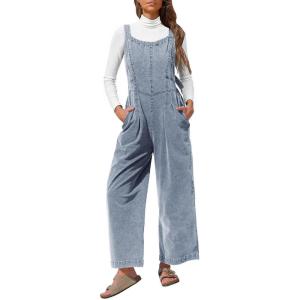 imageEXLURA Women Fall Overalls Denim Loose Fit Wide Leg Bib Jumpsuits Casual Adjustable Baggy Jeans Romper with Pockets 2025Light Blue