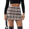 imageEXLURA Womens Button Bodycon Mini Skirt Sexy Night Club High Waist Elastic Y2K Trendy Short Plaid SkirtsCoffee Plaid