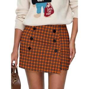 imageEXLURA Womens Button Bodycon Mini Skirt Sexy Night Club High Waist Elastic Y2K Trendy Short Plaid SkirtsOrange Plaid
