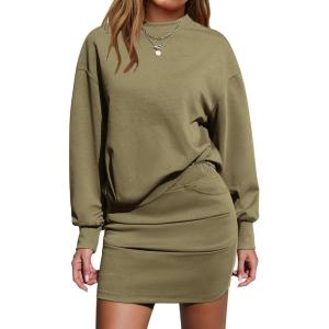 imageEXLURA Womens Fall Two Piece Skirt Sets Cotton Long Sleeve Mock Neck Sweatshirt Skort Matching Set Casual Tennis Outfits 2025Army Green