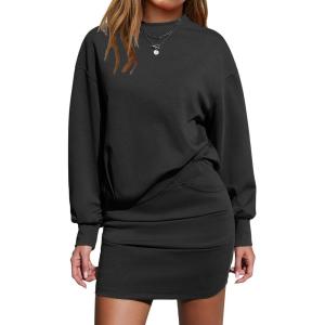 imageEXLURA Womens Fall Two Piece Skirt Sets Cotton Long Sleeve Mock Neck Sweatshirt Skort Matching Set Casual Tennis Outfits 2025Black