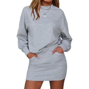 imageEXLURA Womens Fall Two Piece Skirt Sets Cotton Long Sleeve Mock Neck Sweatshirt Skort Matching Set Casual Tennis Outfits 2025Grey