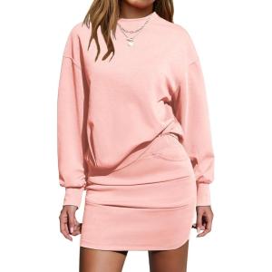 imageEXLURA Womens Fall Two Piece Skirt Sets Cotton Long Sleeve Mock Neck Sweatshirt Skort Matching Set Casual Tennis Outfits 2025Pink