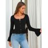 imageEXLURA Women Cropped Cardigan Sweaters Fall Flare Sleeve Button Cardigans Ruffled Hem Cute Sweater Casual Soft Stretchy TopsBlack