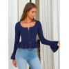 imageEXLURA Women Cropped Cardigan Sweaters Fall Flare Sleeve Button Cardigans Ruffled Hem Cute Sweater Casual Soft Stretchy TopsDark Blue