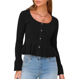 imageEXLURA Women Cropped Cardigan Sweaters Fall Flare Sleeve Button Cardigans Ruffled Hem Cute Sweater Casual Soft Stretchy TopsBlack