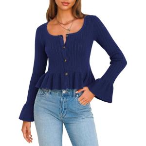 imageEXLURA Women Cropped Cardigan Sweaters Fall Flare Sleeve Button Cardigans Ruffled Hem Cute Sweater Casual Soft Stretchy TopsDark Blue