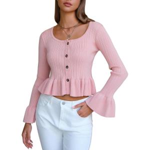 imageEXLURA Women Cropped Cardigan Sweaters Fall Flare Sleeve Button Cardigans Ruffled Hem Cute Sweater Casual Soft Stretchy TopsLight Pink