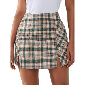 imageEXLURA Womens Fashion Faux Wool Mini Skirt High Waisted Y2K Trendy Short Side Slit Tweed Plaid Skirts Fall Winter OutfitsGreen