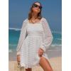 imageEXLURA Womens 2025 Fall Long Sleeve Party Swiss Dot Dress Smocked Ruffle Cocktail Mini DressesWhite