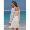 imageEXLURA Womens 2025 Fall Long Sleeve Party Swiss Dot Dress Smocked Ruffle Cocktail Mini DressesWhite