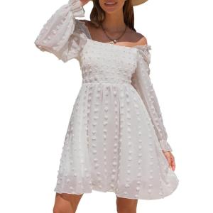 imageEXLURA Womens 2025 Fall Long Sleeve Party Swiss Dot Dress Smocked Ruffle Cocktail Mini DressesWhite