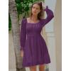 imageEXLURA Womens 2025 Casual Long Lantern Sleeve Dresses Square Neck Ruffle Tie Back Elastic Waist Aline Short Mini DressDark Purple
