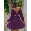 imageEXLURA Womens 2025 Casual Long Lantern Sleeve Dresses Square Neck Ruffle Tie Back Elastic Waist Aline Short Mini DressDark Purple