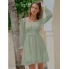imageEXLURA Womens 2025 Casual Long Lantern Sleeve Dresses Square Neck Ruffle Tie Back Elastic Waist Aline Short Mini DressGery Green