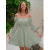 imageEXLURA Womens 2025 Casual Long Lantern Sleeve Dresses Square Neck Ruffle Tie Back Elastic Waist Aline Short Mini DressGery Green