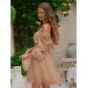 imageEXLURA Womens 2025 Casual Long Lantern Sleeve Dresses Square Neck Ruffle Tie Back Elastic Waist Aline Short Mini DressKhaki