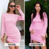 imageEXLURA Womens Fall Sexy Bodycon Mini Dress Long Sleeve Drawstring Lace Club Party Dresses 2025 Cocktail Wedding ClothesPink