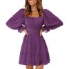 imageEXLURA Womens 2025 Casual Long Lantern Sleeve Dresses Square Neck Ruffle Tie Back Elastic Waist Aline Short Mini DressDark Purple