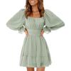 imageEXLURA Womens 2025 Casual Long Lantern Sleeve Dresses Square Neck Ruffle Tie Back Elastic Waist Aline Short Mini DressGery Green