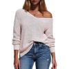imageEXLURA Womens Fall Oversized Sweaters Cotton Long Sleeve V Neck Off Shoulder Sweater Pullover Jumper Tops Trendy Winter 2025Light Khaki