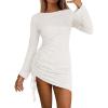 imageEXLURA Womens Fall Sexy Bodycon Mini Dress Long Sleeve Drawstring Lace Club Party Dresses 2025 Cocktail Wedding ClothesBeige