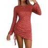 imageEXLURA Womens Fall Sexy Bodycon Mini Dress Long Sleeve Drawstring Lace Club Party Dresses 2025 Cocktail Wedding ClothesCaramel