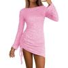 imageEXLURA Womens Fall Sexy Bodycon Mini Dress Long Sleeve Drawstring Lace Club Party Dresses 2025 Cocktail Wedding ClothesPink