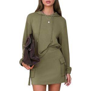 imageEXLURA Women 2 Piece Sets Cotton Sweatsuits Fall Hooded Sweatshirt Cargo Skort Skirt Stretchy Tracksuit Casual Tennis PocketsArmy Green