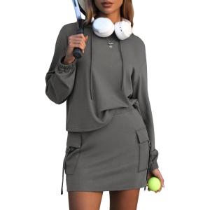 imageEXLURA Women 2 Piece Sets Cotton Sweatsuits Fall Hooded Sweatshirt Cargo Skort Skirt Stretchy Tracksuit Casual Tennis PocketsGrey