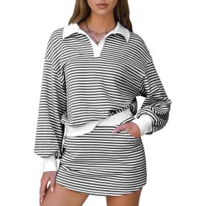 imageEXLURA Women Fall Two Piece Sets Cotton Striped Set Sweatshirt Matching Skort Skirt Sweatsuits Workout Tracksuit Outfits 2025Black White