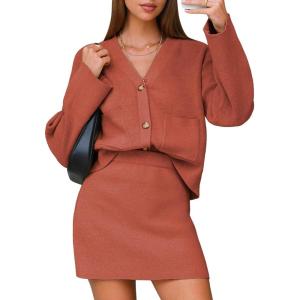 imageEXLURA Womens 2 Piece Skirt Sweater Sets V Neck Button Up Cardigan Mini Skirts Fall Winter Knit Trendy Outfits Pockets 2025Caramel
