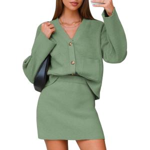 imageEXLURA Womens 2 Piece Skirt Sweater Sets V Neck Button Up Cardigan Mini Skirts Fall Winter Knit Trendy Outfits Pockets 2025Dark Green