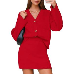 imageEXLURA Womens 2 Piece Skirt Sweater Sets V Neck Button Up Cardigan Mini Skirts Fall Winter Knit Trendy Outfits Pockets 2025Red