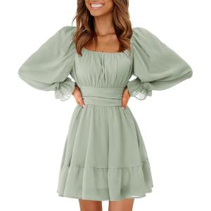 imageEXLURA Womens 2025 Casual Long Lantern Sleeve Dresses Square Neck Ruffle Tie Back Elastic Waist Aline Short Mini DressGery Green