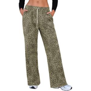 imageEXLURA Womens 2025 Fall Leopard Print Fleece Wide Leg Pants Elastic Waist Drawstring Loose Y2K Trousers Pants with PocketsArmy Green