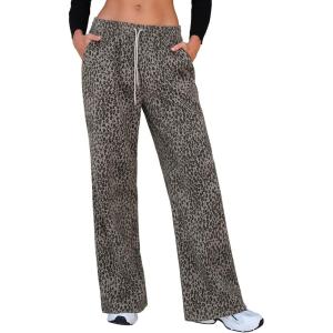 imageEXLURA Womens 2025 Fall Leopard Print Fleece Wide Leg Pants Elastic Waist Drawstring Loose Y2K Trousers Pants with PocketsGrey
