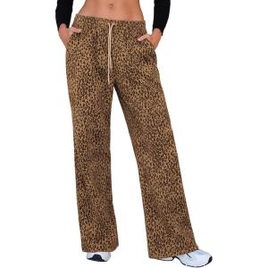 imageEXLURA Womens 2025 Fall Leopard Print Fleece Wide Leg Pants Elastic Waist Drawstring Loose Y2K Trousers Pants with PocketsKhaki