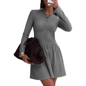 imageEXLURA Womens Fall Fashion Long Sleeve V Neck Mini Dress Casual Sweatshirt Style ALine Tennis Dresses Trendy Outfits 2025Grey