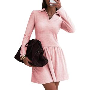 imageEXLURA Womens Fall Fashion Long Sleeve V Neck Mini Dress Casual Sweatshirt Style ALine Tennis Dresses Trendy Outfits 2025Pink