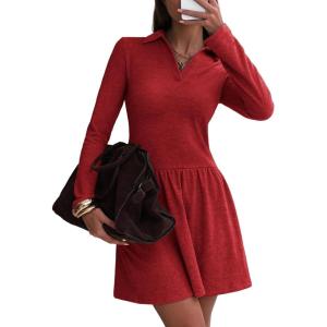 imageEXLURA Womens Fall Fashion Long Sleeve V Neck Mini Dress Casual Sweatshirt Style ALine Tennis Dresses Trendy Outfits 2025Red