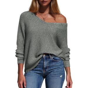imageEXLURA Womens Fall Oversized Sweaters Cotton Long Sleeve V Neck Off Shoulder Sweater Pullover Jumper Tops Trendy Winter 2025Army Green